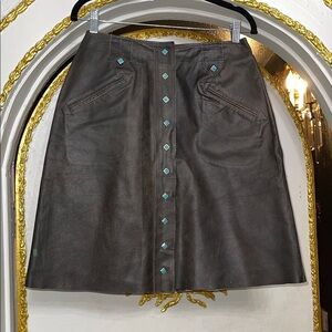 Double D Ranch Brown Leather Skirt Turquoise Stud Button Front Western Size 8